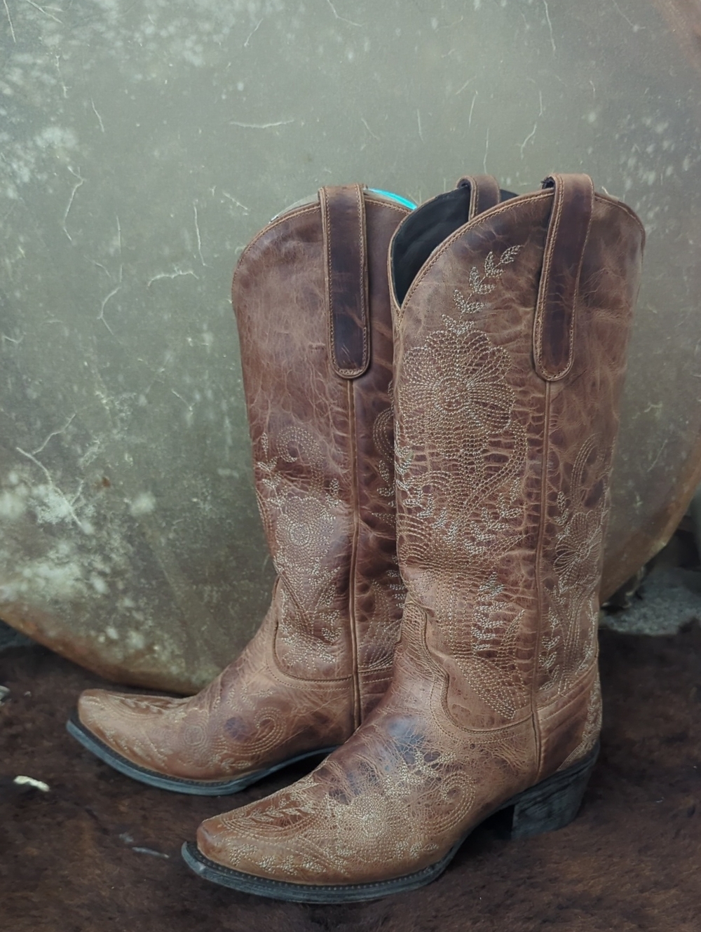 LANE LB0043B Burnished Tan leather snip toe Floral Stitched cowgirl boots sz 7